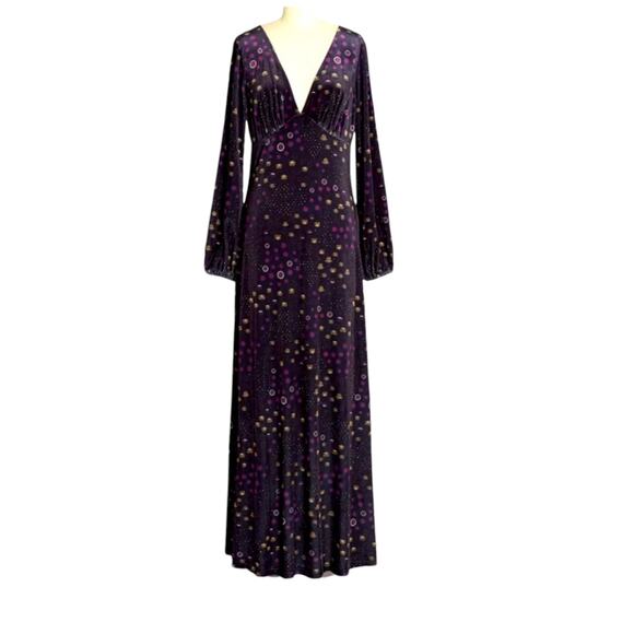 ModCloth Maxi Dress Velvet Long Sleeve Black Whimsical Art Deco Print Size 1X - Picture 1 of 11